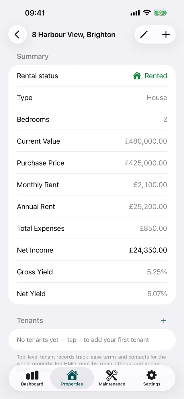 PropFolio property detail screen showing figures for a single property.