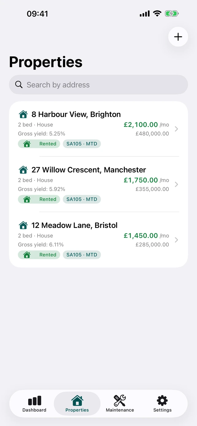 PropFolio property list screen showing several properties.